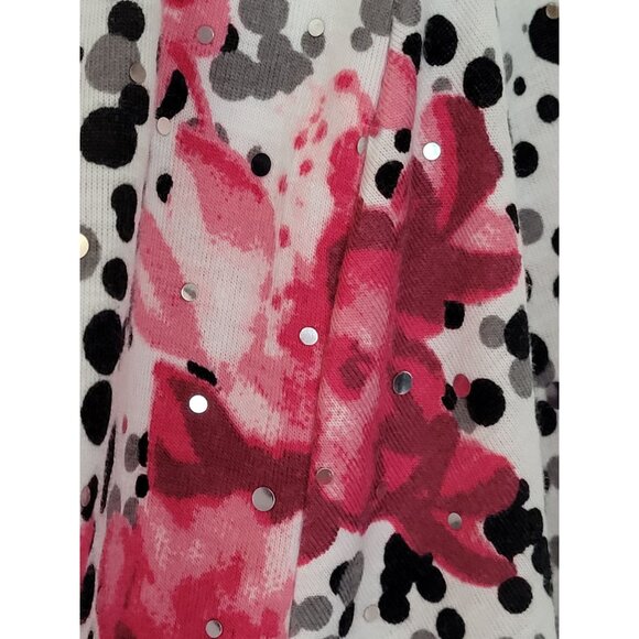 Studded V Neck Top Blouse XL 3/4 Sleeve Clear Sequins Pink Black Boho Artsy - Picture 6 of 6